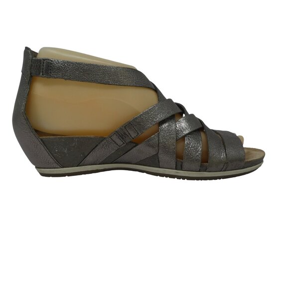 Dansko Viviam Pewter Silver Metallic Leather Open Toe Strappy Wedge Sandals - Picture 5 of 13